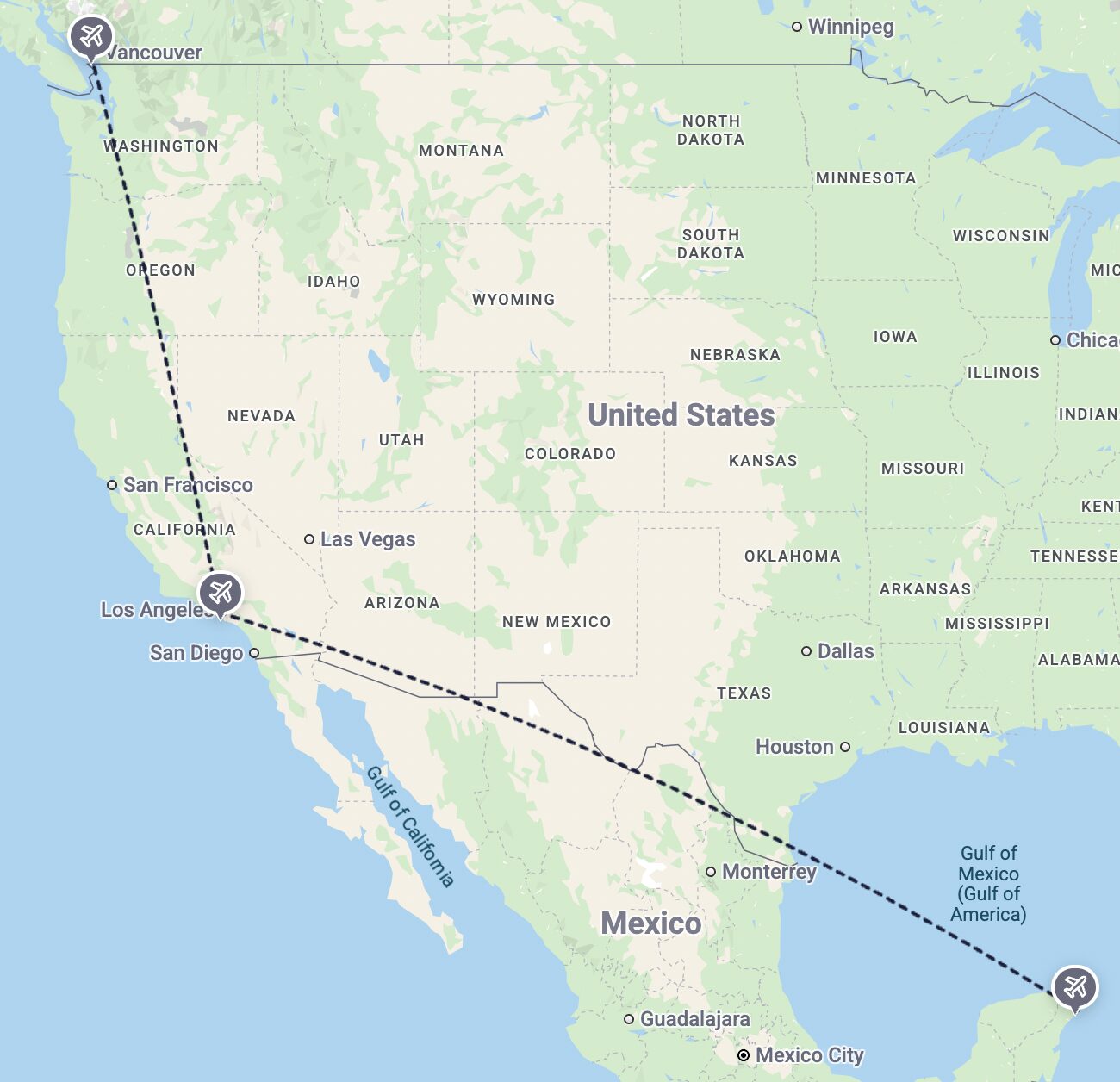 カンクンからロサンゼルス経由でバンクーバーへ向かう航路