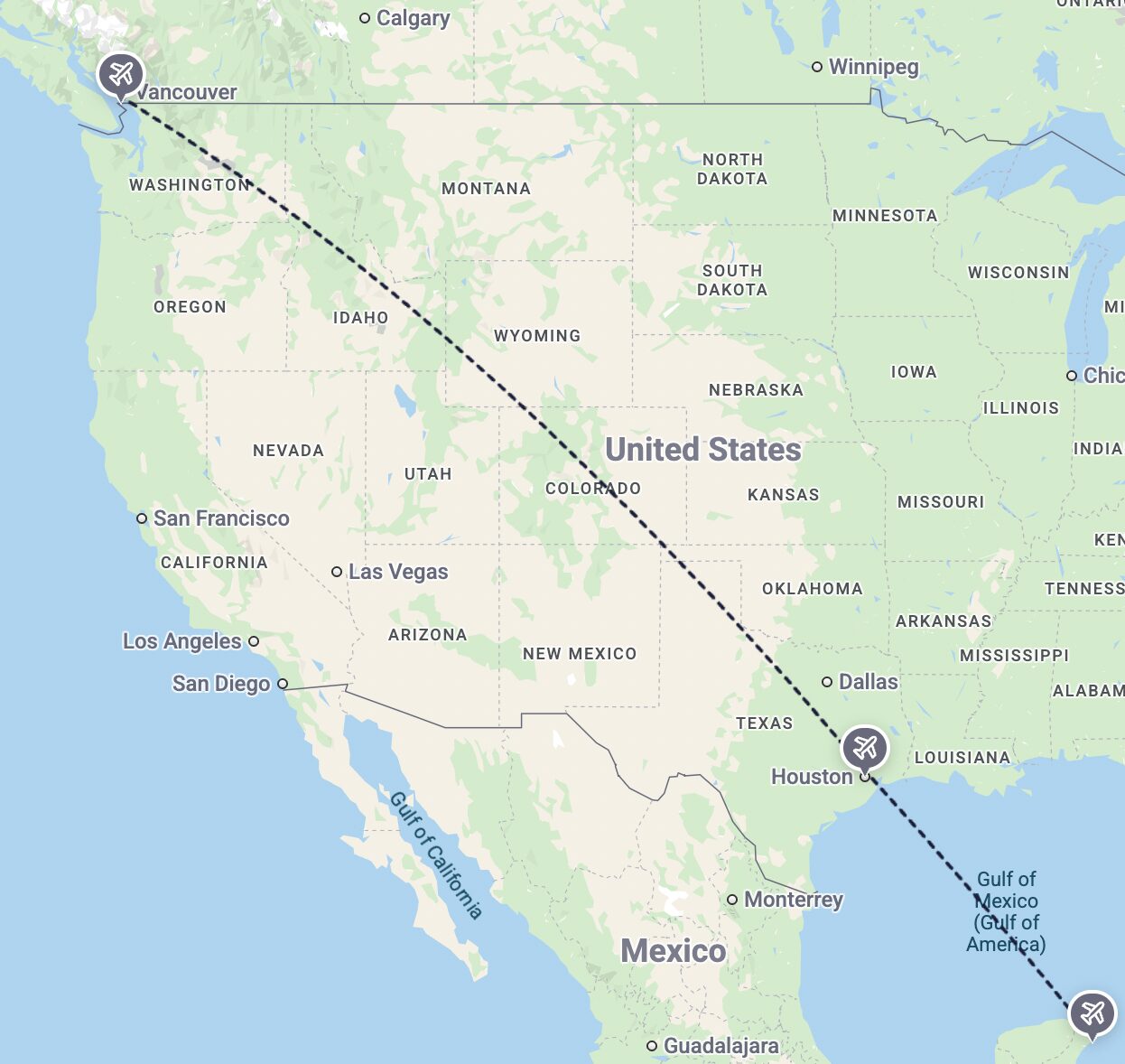 バンクーバーからヒューストン経由でカンクンへの空路